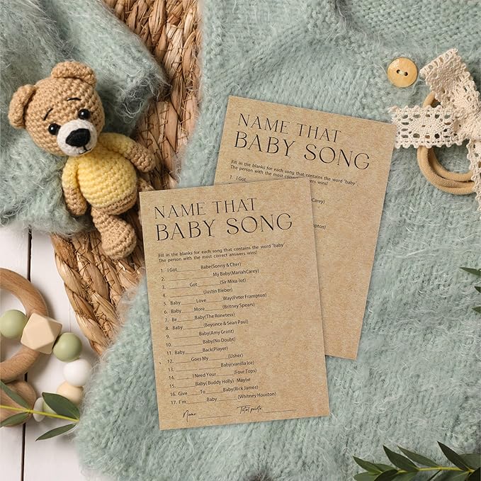 Baby Shower Game - Set Of 30 Kraft Paper Double Print - Name That Baby Song Game Cards With 1 Answer Card For Baby Boy Girl, -Baby Announcements, Gender Reveal Games, Party Favors And Supplies - B12