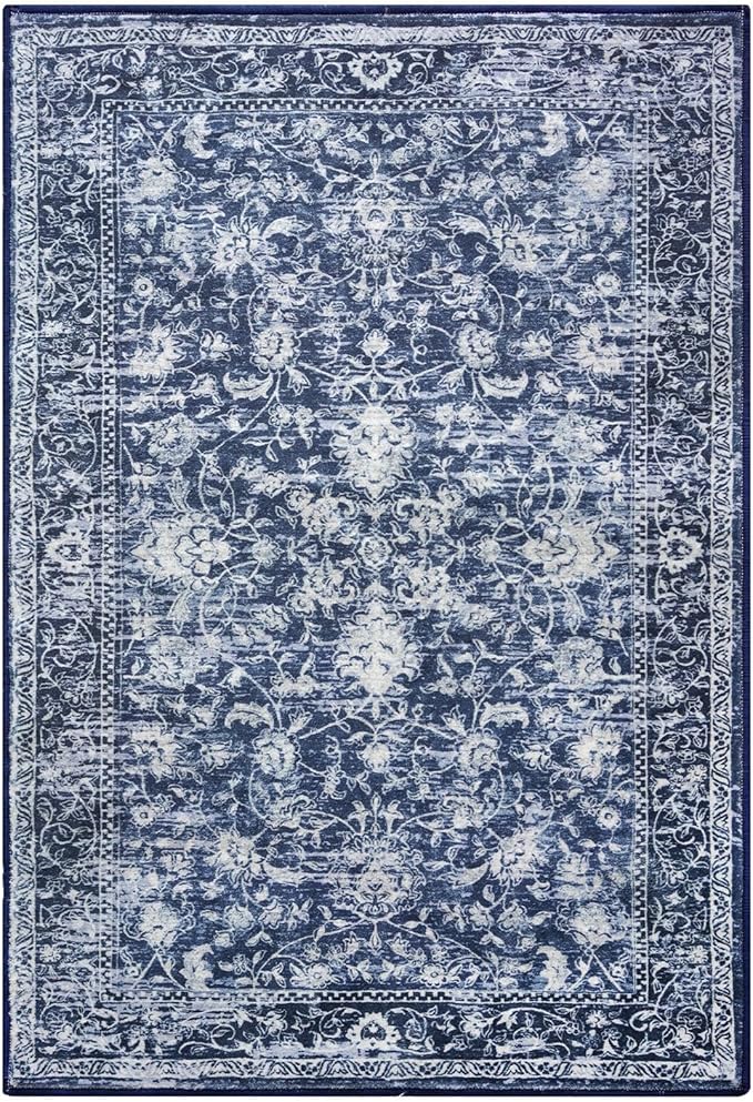 KILOCOCO Area Rug 3x5 Entryway Rug Washable Printed Vintage Floral Rubber Backed Non Slip Indoor Kitchen Rugs for Living Room Laundry Room Playroom Mudroom Moroccan Area Rugs, Blue