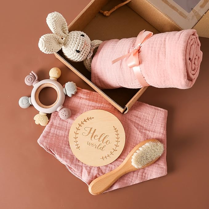 YOUUYS Baby Gift Set for Newborn - Baby Essential Bath Basket Easter Gift Set with Baby Blanket Baby Rattle Teether Toy & Hair Brush Newborn Shower Gift for Easter Day Baby Girls Boys 6PCS (Bunny)