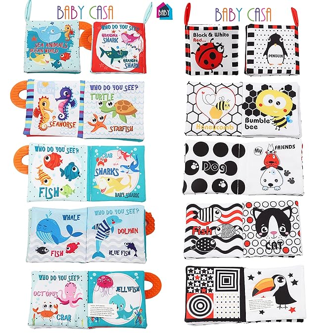 High Contrast Baby Books, Black and White Cloth Crinkle Books for Babies Infant Toys 0-3-6-12-18 Months, Shower Baby Gifts, Teething Teether Sensory Toy for Boys Girls, Fish, 2PCS