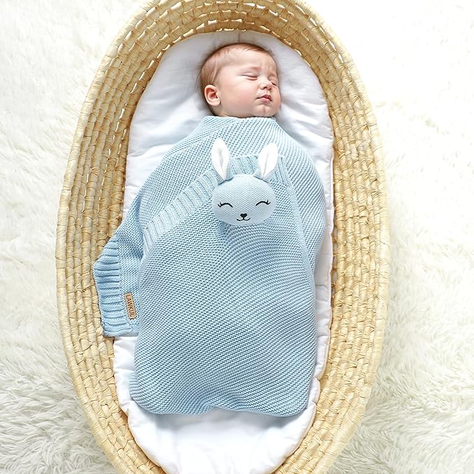 LAWKUL Bunny Lovey Baby Blanket Soft Plush Security Blanket Knit Snuggle Comfort for Newborns Toddlers Boy Girl Blue 40x30in