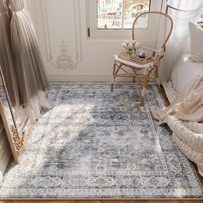 Area Rug 4x6 Rug Washable Boho Rugs Non Slip Low Pile Soft Floral Small Carpet for Bedroom, Bedside, Kids Room, Office, Dining Room(Grey)