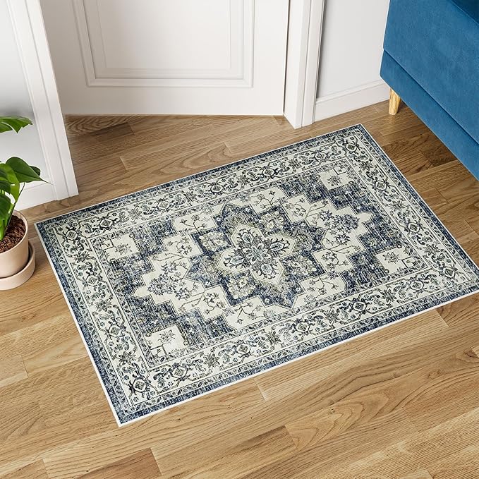 Dripex Vintage Collection Washable Area Rug - 2x3 Door Mat Small Entryway Rug Distressed Non-Slip Low-Pile Floor Carpet for Indoor Front Entrance Kitchen Bathroom Living Room Bedroom