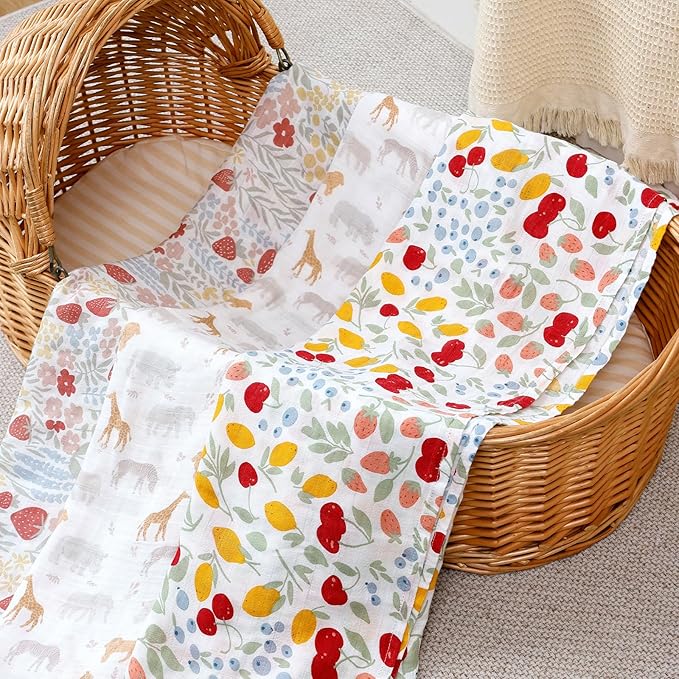 Muslin Swaddle Blankets for Baby Boys and Girls,3 Pack Breathable Soft Receiving Blanket,Large 43.3X 43.3 inches,Newborn Essentials Must Haves(Floral and Animal)