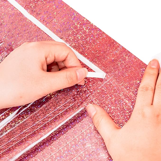BRAVESHINE Rose-Gold Tinsel Foil Fringe Curtains - 2Pcs 3.2x8.2ft Metallic Holiday Photo Booth Backdrop Party Supplies for Birthdays Valentines Day Bridal Shower Bachelorette Engagement Party