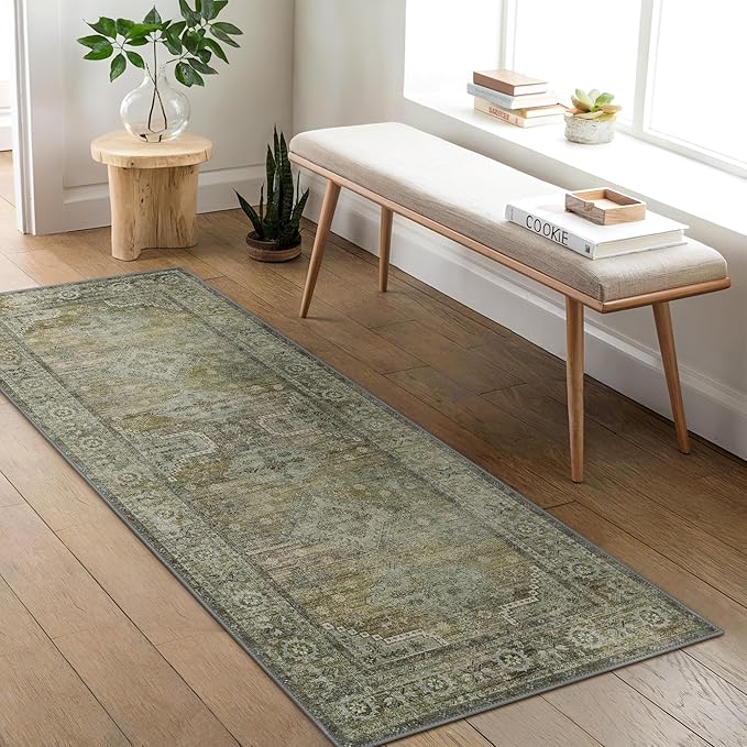 GENIMO Runner Rug 2x4 Non Slip Machine Washable Vintage Hallway Runner Rugs, Low Pile Lightweight Mat for Living Room, Entryway, Bedroom, Kitchen and Corridor, Distressed Sage