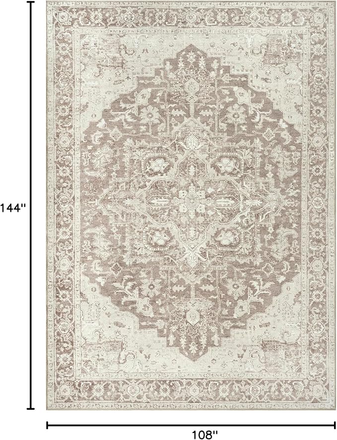 Bloom Rugs Washable Non-Slip 9' x 12' Rug - Light Brown Traditional Medallion Area Rug for Living Room, Bedroom, Dining Room, and Kitchen - Exact Size: 9' x 12'