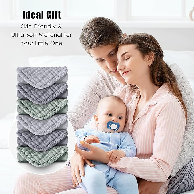 MOON PARK Baby Washcloths, 12 Pack - 12x12 Inches, Small Burp Cloths and Baby Wipes - 100% Cotton Muslin Ultra Soft for Newborn, Infant and Toddlers - Grey, Green and Slate