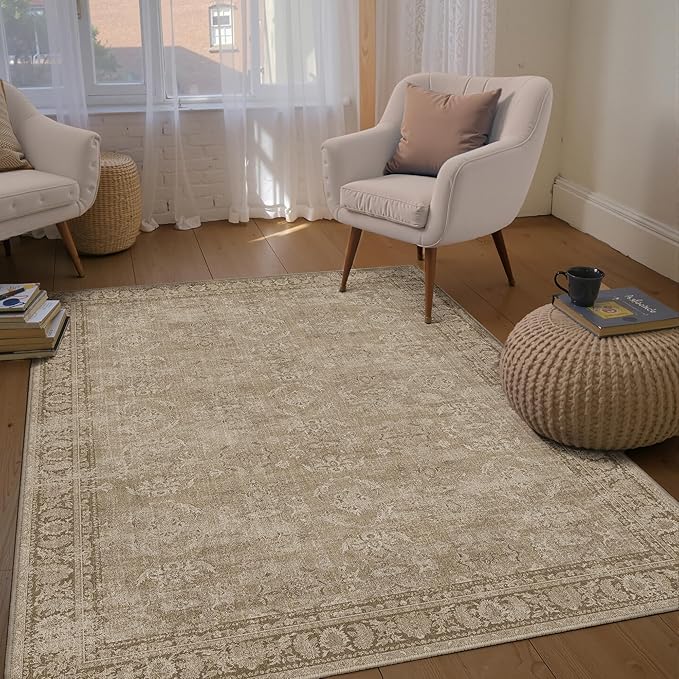 5x7 Light Brown Area Rug for Living Room Washable Vintage Distressed Carpet Bedroom Low Pile Non Slip Indoor Soft Retro Throw Accent Rug Office Kitchen Bathroom Dining Room