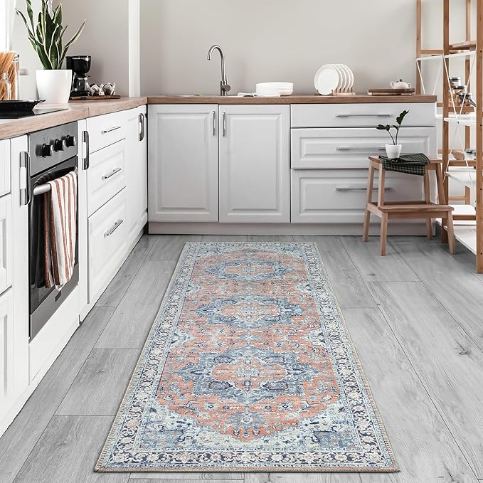 Bloom Rugs Washable Non-Slip 10 ft Runner - Coral/Blue Traditional Medallion Runner for Entryway, Hallway, Bathroom, and Kitchen - Exact Size: 2.5' x 10'