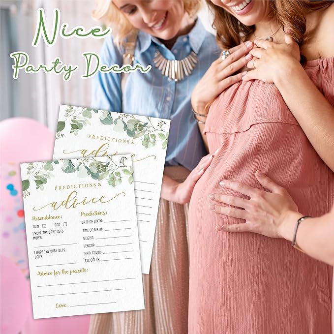 Predictions & Advice Baby Shower Game Cards - Golden Greenery - 30 Double-Sided Fill In Style Game Cards For Gender Reveal, Baby Announcement, Party Games & Activity - D01