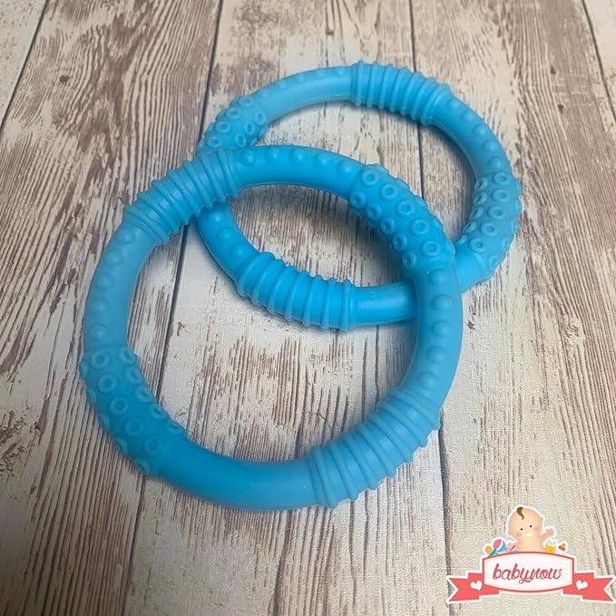 Babynow Teething Rings - Sensory Teether Ring Pacifiers for Babies 0-12 Months Sensory Chew Toy Safe Toddler Comforter Soother Infant Dummie Toy - Blue 2 Pack