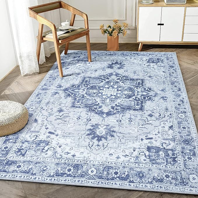 Bloom Rugs Washable Non-Slip 4' x 6' Rug - Gray/Blue Traditional Medallion Area Rug for Living Room, Bedroom, Dining Room, and Kitchen - Exact Size: 4' x 6'
