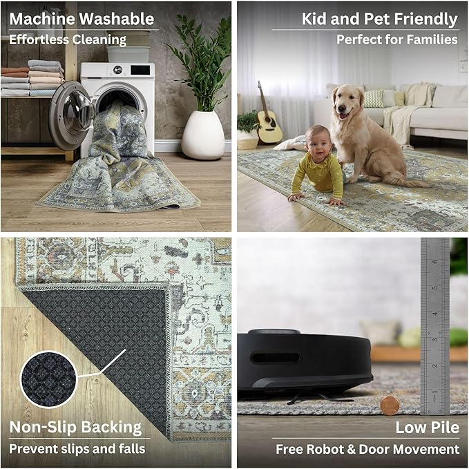 Bloom Rugs Washable Non-Slip 9' x 12' Rug - Yellow Traditional Medallion Area Rug for Living Room, Bedroom, Dining Room, and Kitchen - Exact Size: 9' x 12'