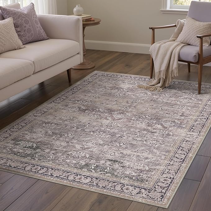 4x6 Purple Area Rug Washable Vintage Distressed Office Carpet Low Pile Entryway Non Slip Indoor Soft Retro Entrance Throw Accent Rug for Kitchen Bathroom Bedroom Dining Living Room