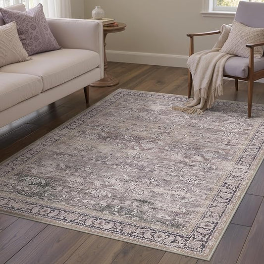 4x6 Purple Area Rug Washable Vintage Distressed Office Carpet Low Pile Entryway Non Slip Indoor Soft Retro Entrance Throw Accent Rug for Kitchen Bathroom Bedroom Dining Living Room