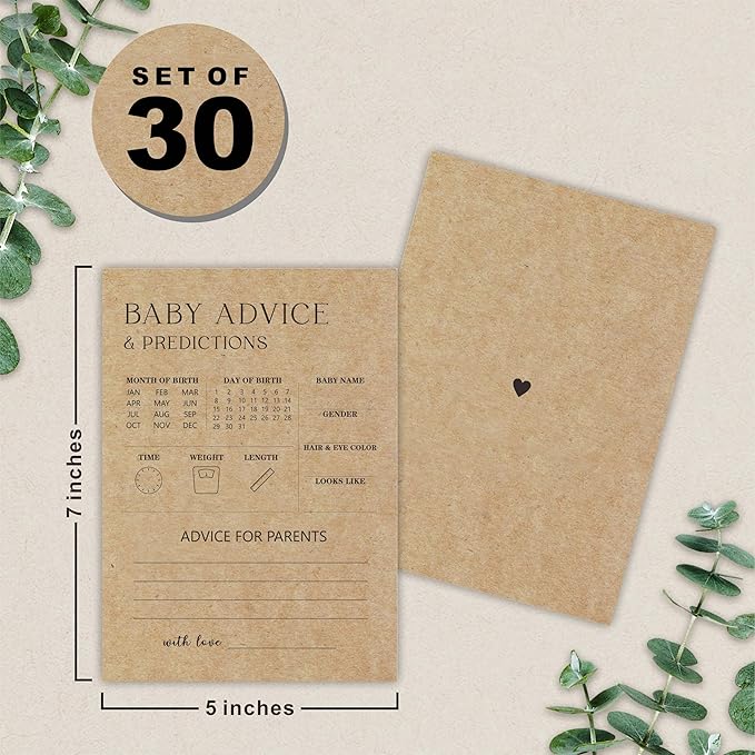 Prediction & Advice Game Card For Baby Shower - Set Of 30 Minimalism Brown Game Cards For Boy Girl - Wishes For Baby Advice For New Parents-Baby Shower Party Favors And Decorations - B02