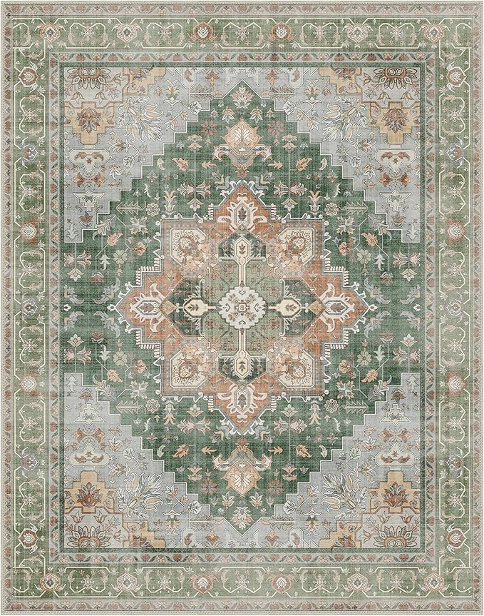 GENIMO 5x7 Area Rugs for Living Room, Machine Washable Non Slip Vintage Rugs, Low Pile Lightweight Chenille Print Rug for Bedroom, Dining Room, Home Office,Sage Green