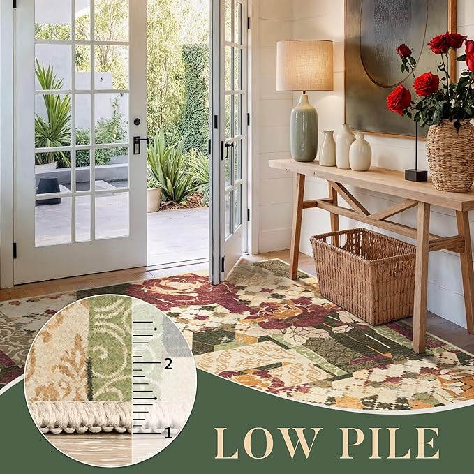 GENIMO Floral Runner Rug 2'6''x8, Machine Washable Non Slip Vintage Patchwork Hallway Runner, Ultra-Thin Low Pile Runners for Indoor Entryway, Hallway, Kitchen and Corridor, Auburn Cinnamon
