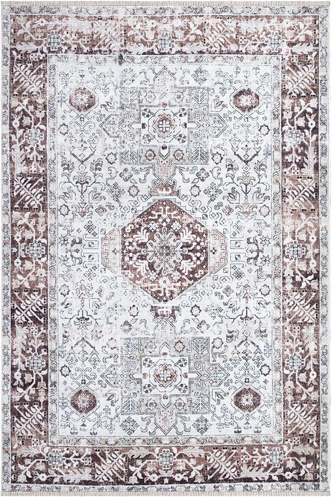 Bloom Rugs Caria Washable Non-Slip 9x12 Rug - Beige/Brown Traditional Area Rug for Living Room, Bedroom, Dining Room, and Kitchen - Exact Size: 9' x 12'