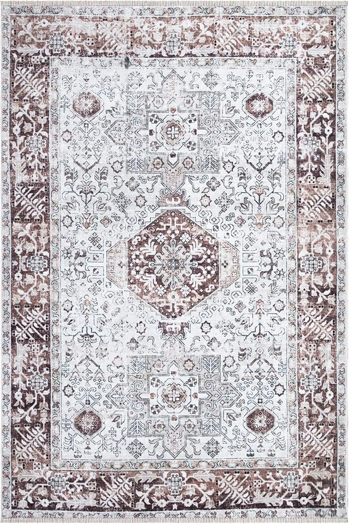 Bloom Rugs Caria Washable Non-Slip 5x7 Rug - Beige/Brown Traditional Area Rug for Living Room, Bedroom, Dining Room, and Kitchen - Exact Size: 5' x 7'