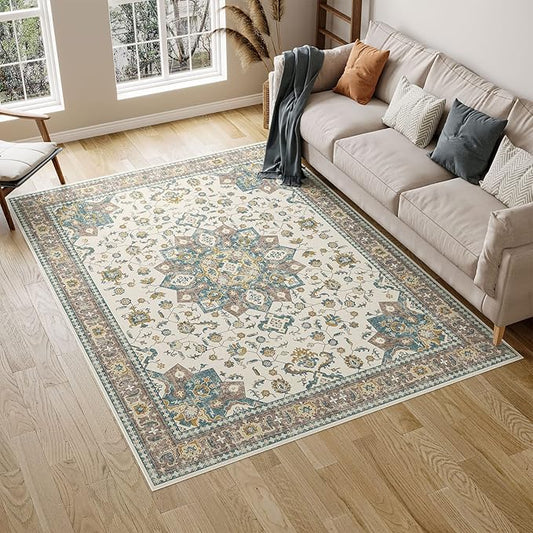 Dripex Washable Area Rug 6x9 Floral Rug Stain & Water Resistant Foldable Thin Vintage Rugs Faux Wool Floor Carpet for Living Room Bedroom Dining Room Kitchen Bathroom Farmhouse Office