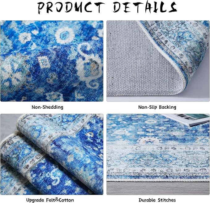 Runner Rug 2'x6' Hallway Washable Boho Rug Soft Area Rug Non-Slip Non-Shedding Faux Wool Vintage for Kitchen, Entryway, Laundry, Bedroom, Indoor (Blue)