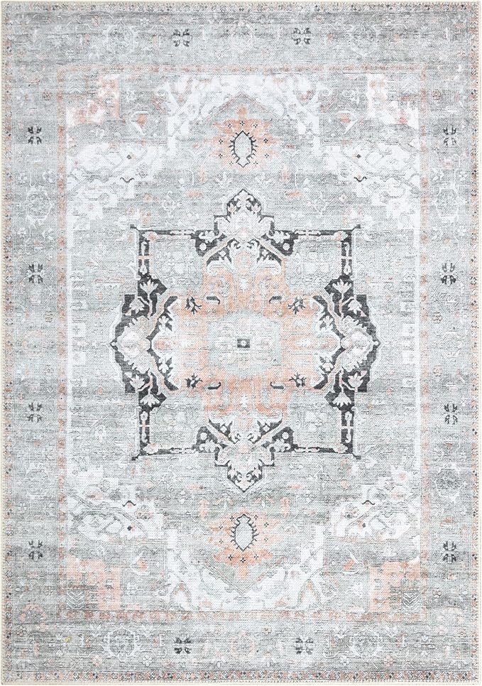 Bloom Rugs Washable Non-Slip 8' x 10' Rug - Gray/Coral Pink Traditional Area Rug for Living Room, Bedroom, Dining Room, and Kitchen - Exact Size: 8' x 10'