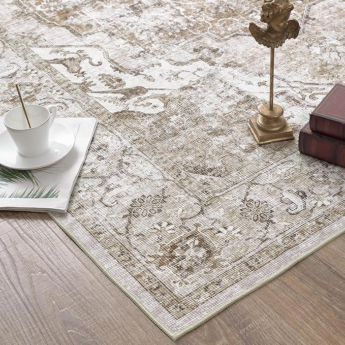 jinchan Runner Rug 2x8 Washable Hallway Rug Vintage Traditional Floor Cover Thin Taupe Multi Distressed Floral Indoor Mat for Kitchen Bathroom Bedroom Living Room