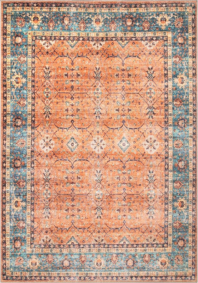 Bloom Rugs Washable Non-Slip 6' x 9' Rug - Orange/Teal Blue Traditional Bordered Area Rug for Living Room, Bedroom, Dining Room, and Kitchen - Exact Size: 6' x 9'