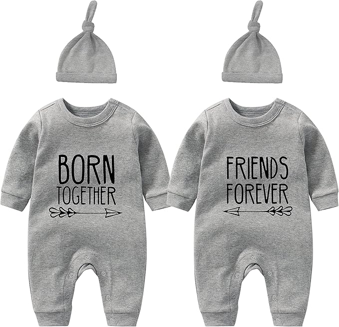 YSCULBUTOL Baby Twins Bodysuit Born Together Friends Forever Newborn Clothes Unisex Twin Outfits With Hat
