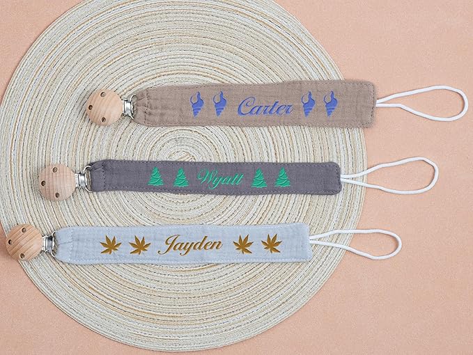 Custom Boho Pacifier Clip Holder with Embroidered Name – A Perfect Personalized Baby Baptism Gifts in Eco-Friendly Bamboo! (Grass Green)
