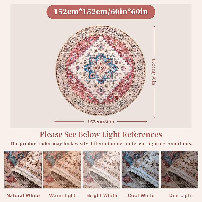 Ciicool Boho 5x5ft Round Area Rug Washable Bedroom Rug Non-Slip Oriental Entryway Throw Rug Low-Pile Indoor Carpet for Dining Room