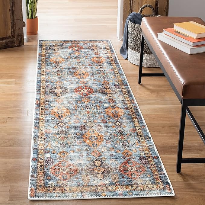 Bloom Rugs Washable Non-Slip 12 ft Runner - Blue/Orange Traditional Bordered Runner for Entryway, Hallway, Bathroom, and Kitchen - Exact Size: 2.5' x 12'