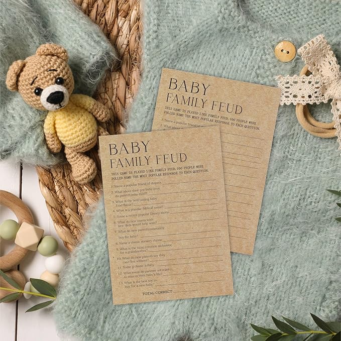 Baby Shower Game Card - Set Of 30 Kraft Paper Double Print - Baby Family Feud With 1 Answer Card For Baby Boy Girl, Baby Announcements, Gender Reveal Games, Party Favors And Supplies - B09