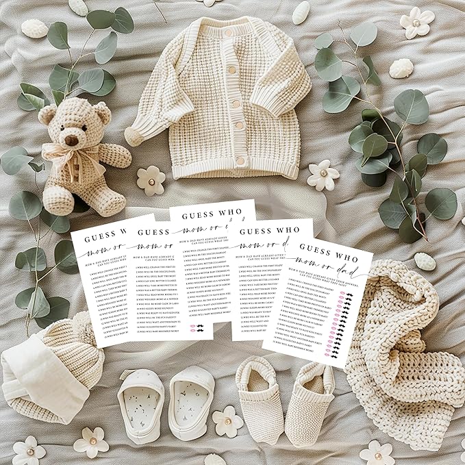 ZIIUFRN Baby Shower Games(5" X 7"), 30 Sets Modern Black and White Baby Guess Who Mom or Dad Game Cards, Boy Girl Gender Neutral Baby Shower Supplies-B08