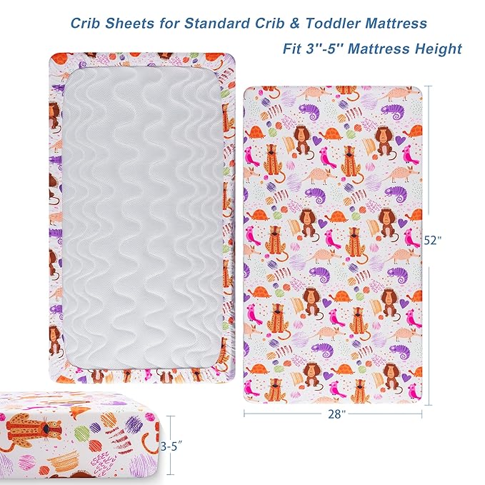 TILLYOU Baby Crib Sheets for Boys Girls, Super Soft Toddler Bed Sheets, 2 Pack Sheets for Standard Crib Mattress 28x52in, Animal Graffiti