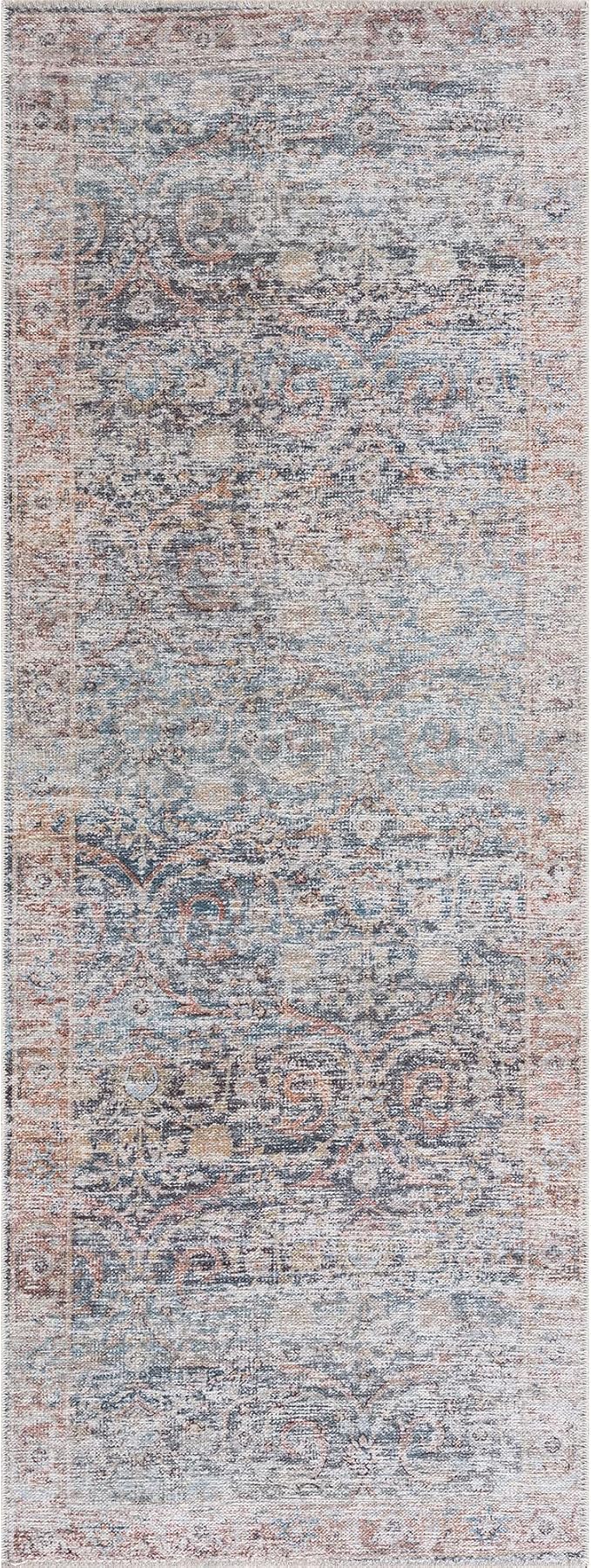 Bloom Rugs Caria Washable Non-Slip 10 ft Runner - Ocean Blue/Brick Traditional Runner for Entryway, Hallway, Bathroom, and Kitchen - Exact Size: 2'6" x 10'
