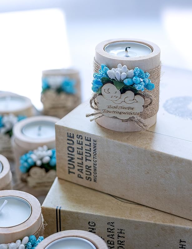 Ju's Favors Wooden Candle Holders (Set of 10), Baby Shower Favors, Boy Christening Favors, Baby Christening Party Favors for Guests.(Light brown-blue)