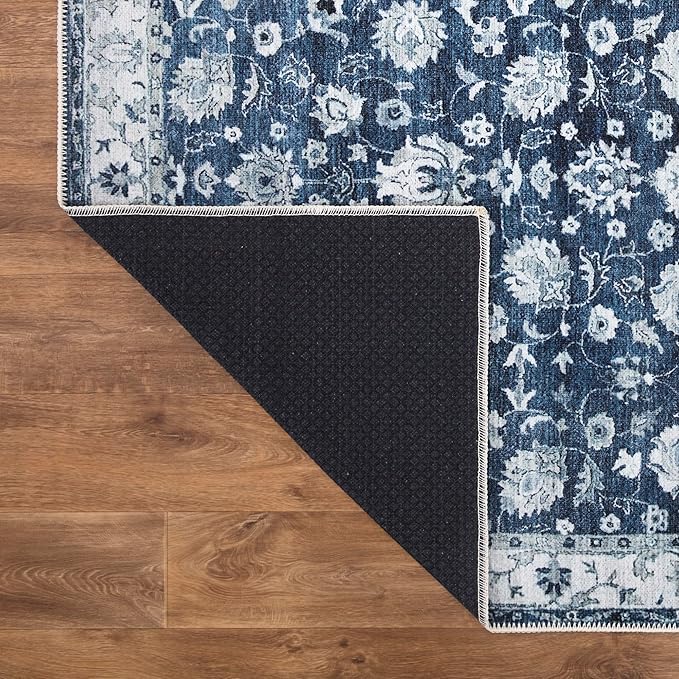Bloom Rugs Washable Non-Slip 7 ft Runner - Dark Blue Traditional Bordered Runner for Entryway, Hallway, Bathroom, and Kitchen - Exact Size: 2.5' x 7'