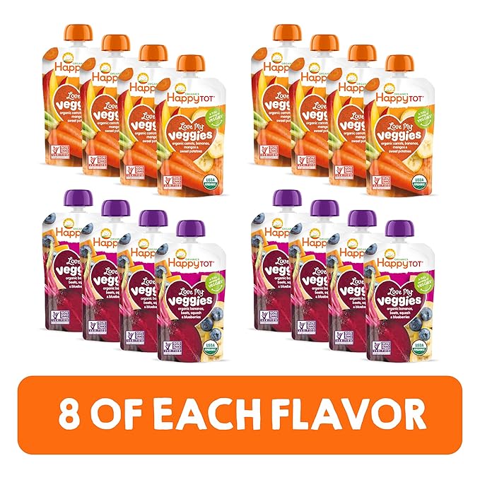 Happy Tot Organics Stage 4 Baby Food Pouches, Gluten Free, Vegan Snack, Love My Veggies, Fruit & Veggie Puree, Variety Pack, 4.22 Ounce (Pack of 16), Amazon Exclusive
