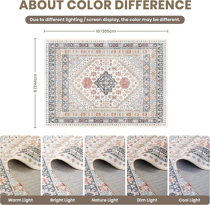 zesthome 8x10 Area Rugs for Living Room,Non-Slip Backing Washable Rugs,Vintage Large Area Rug,Stain Resistant Home Decor Rug (Multi,8'x10')