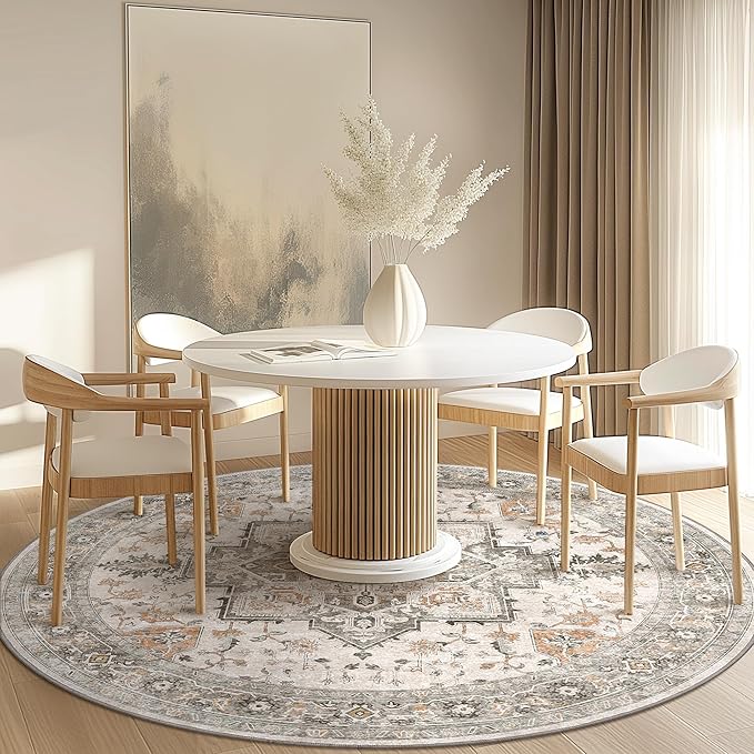GENIMO 8FT Round Area Rugs for Living Room, Circle Rugs Machine Washable Low Pile, Chenille Non Slip Vintage Rug for Bedroom, Dining Room, Home Office, Light Taupe Brown