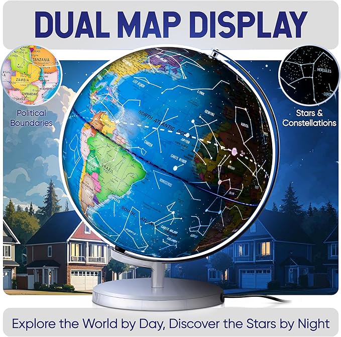 9" Illuminated Educational Kids World Globe + STEM Flags & Countries Interactive Card Game. 3 in 1 Children Desktop Spinning Earth Political & Constellation Maps, LED Night Light Lamp