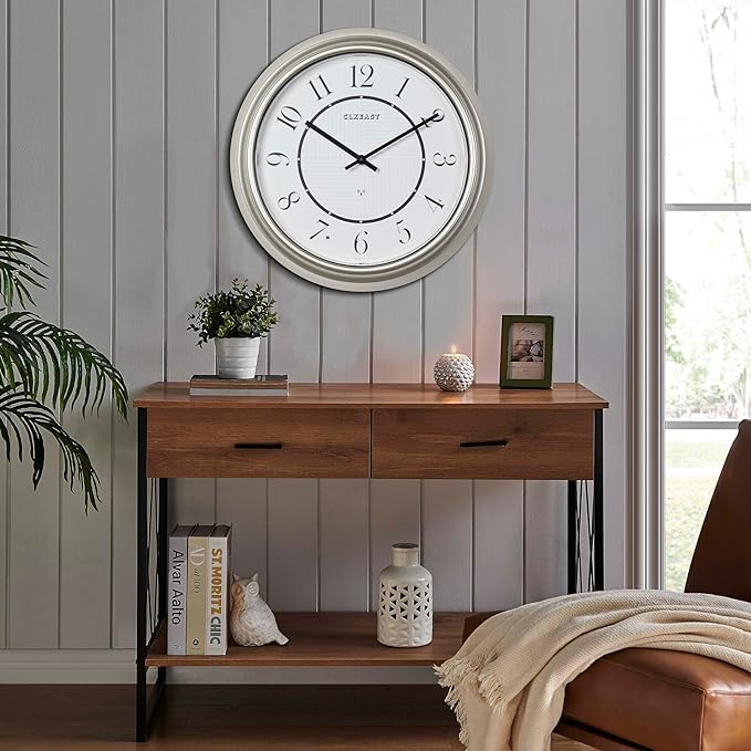 CLXEAST 14 Inch Self-Illuminated in/Outdoor Atomic Wall Clock for Home Office, Night Light Wall Clocks for Living Room Decor,Modern Farmhouse Morning Silver/Gold Finish