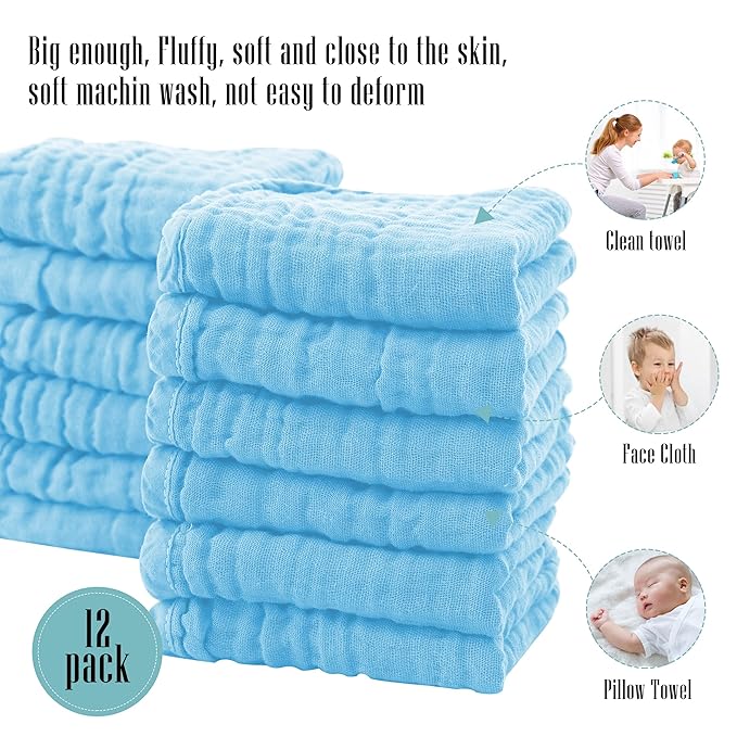 24 Pack Muslin Burp Cloths for Baby - Ultra-Soft 100% Cotton Baby Washcloths - Large 20'' by 10'' Super Absorbent Milk Spit Up Rags - Burpy Cloths for Unisex, Boy, Girl - Aquamarine