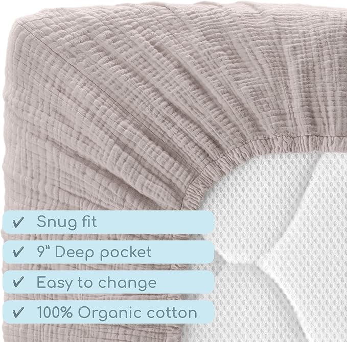 Muslin Crib Sheets, 100% Organic Cotton, Breathable and Ultra-Soft, Standard Crib Sheet Mattress (28"x 52") for Girls and Boys, Neutral Fitted Baby Crib Sheet (Elephant Gray)