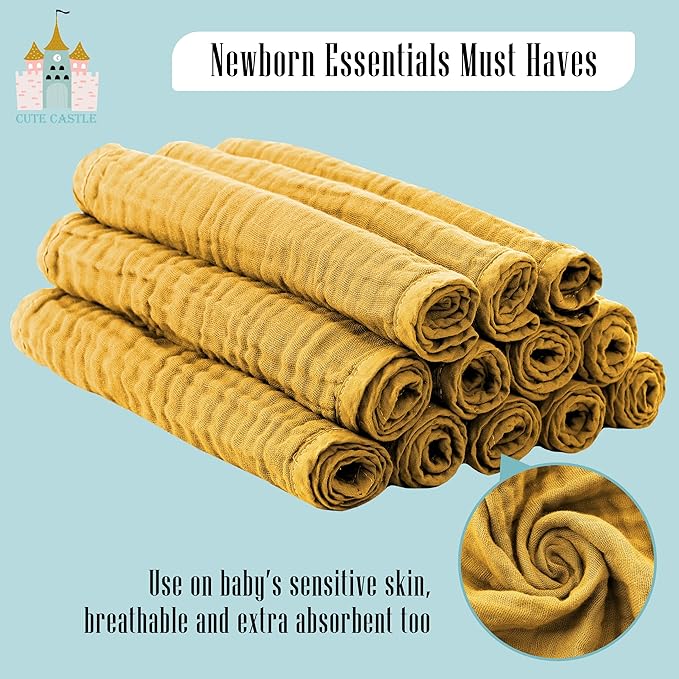 Cute Castle 12 Pack Muslin Burp Cloths for Baby - Ultra-Soft 100% Cotton Baby Washcloths - Large 20'' by 10'' Super Absorbent Milk Spit Up Rags - Burpy Cloths for Unisex, Boy, Girl - Honey