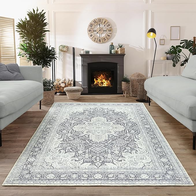 Bloom Rugs Washable Non-Slip 8' x 10' Rug - Charcoal Blue Traditional Medallion Area Rug for Living Room, Bedroom, Dining Room, and Kitchen - Exact Size: 8' x 10'