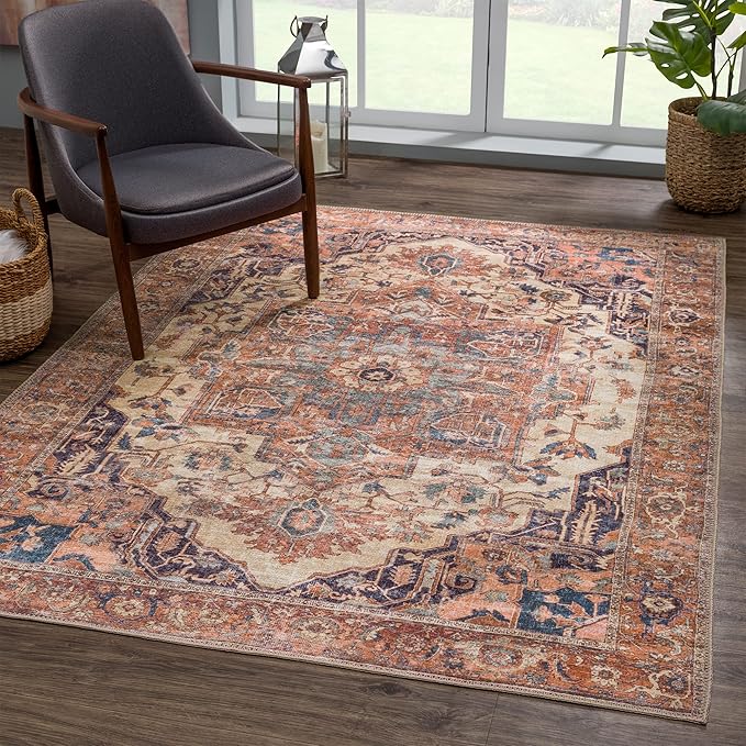 Bloom Rugs Washable 3' x 5' Rug - Beige/Terracotta Traditional Area Rug for Living Room, Bedroom, Dining Room, and Kitchen - Exact Size: 3' x 5'